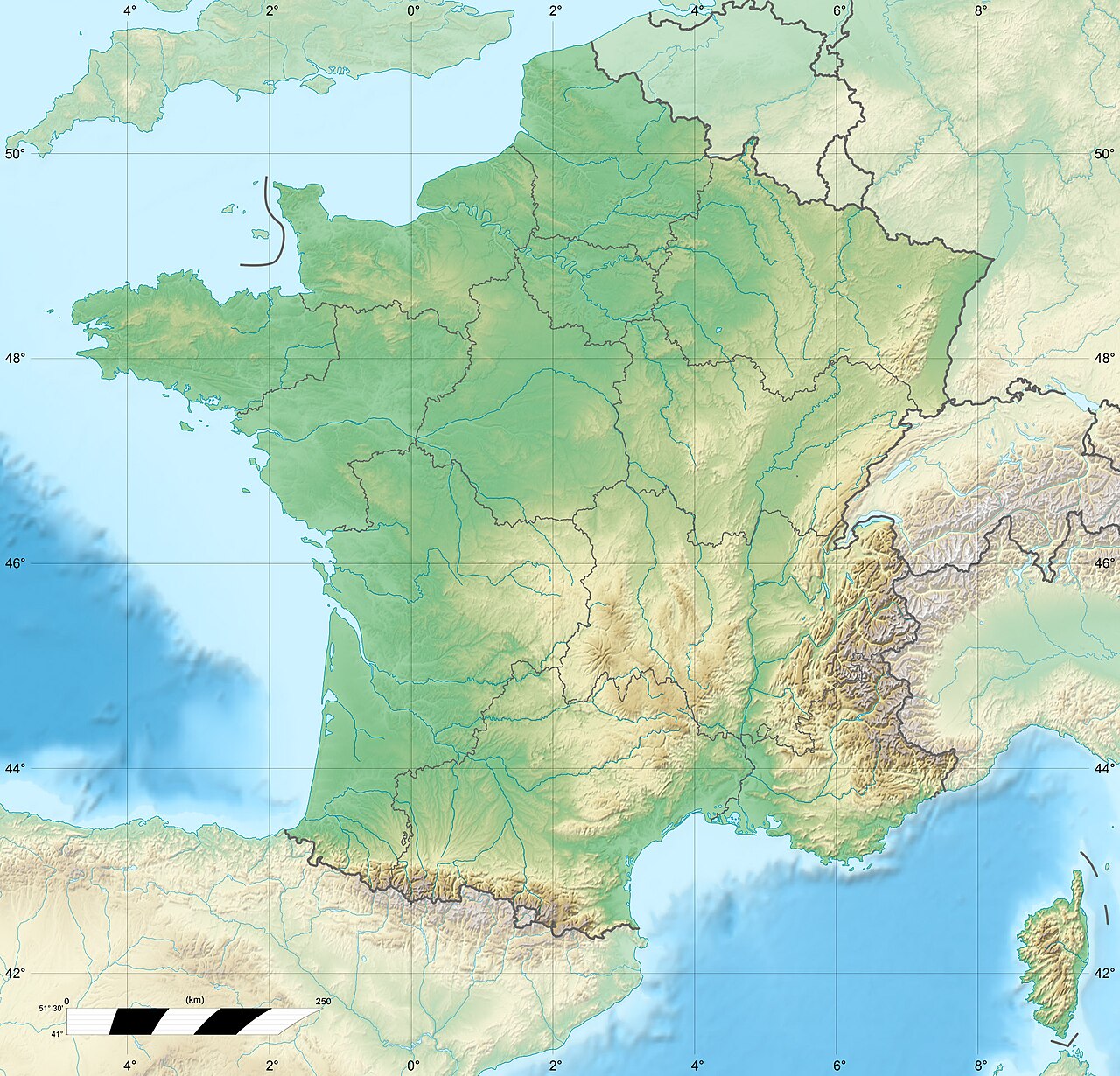 Blank physical map of metropolitan France for geo-location purpose.Scale : 1:14 816 000 (accuracy : about 3,7 km) for the bathymetry. More maps of France, view → Commons Atlas of France.