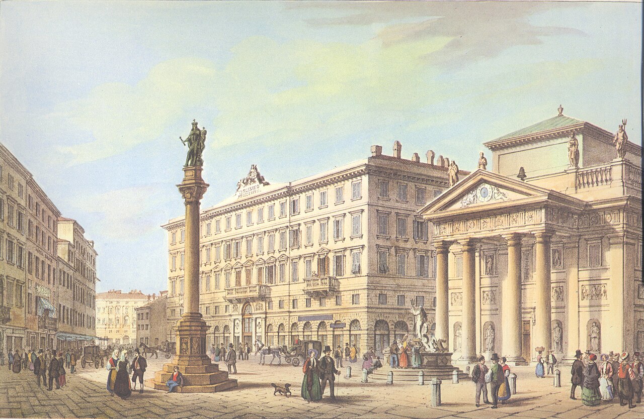 Trieste - Piazza della Borsa in un disegno di Marco Moro del 1854.
