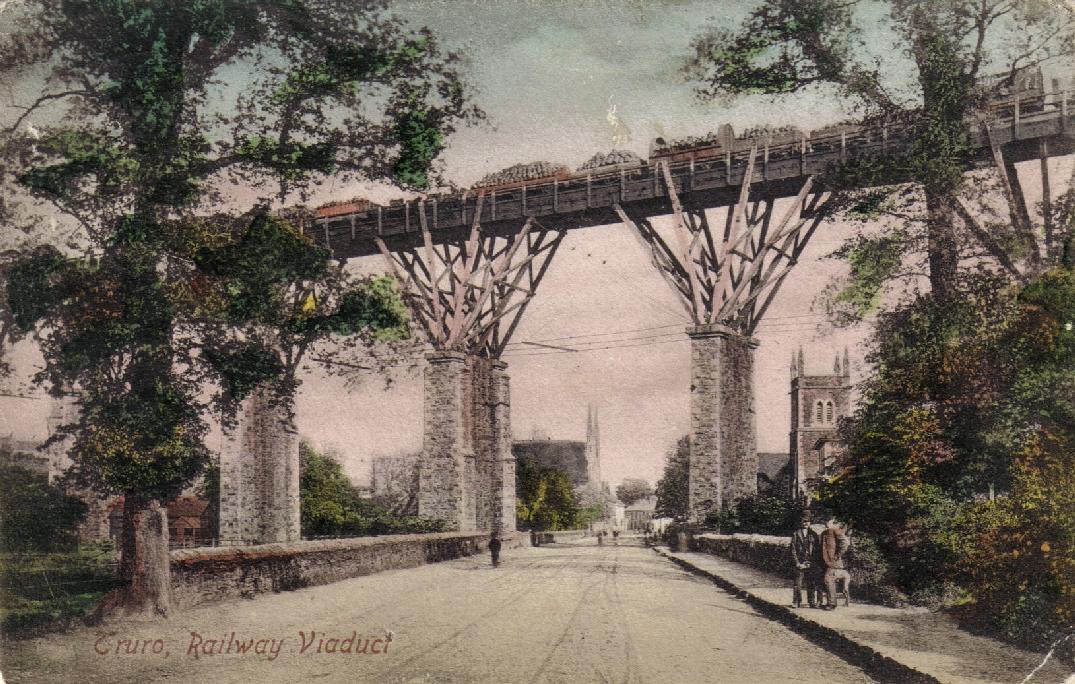 The original timber Carvedras Viaduct across St George's Road, Truro, Cornwall. Built by Isambard Kingdom Brunel for the Cornwall Railway, opened in 1859. The train is a broad gauge goods train.