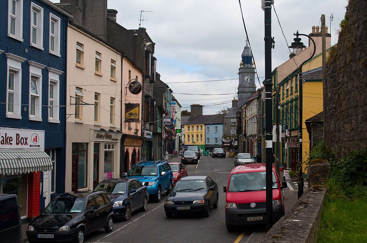 Tuam, County Galway, Ireland: View of High Street, looking east. This photograph has been taken from the site of Teampall Jarlath. The High Street in Tuam is the west-most section of the N83.