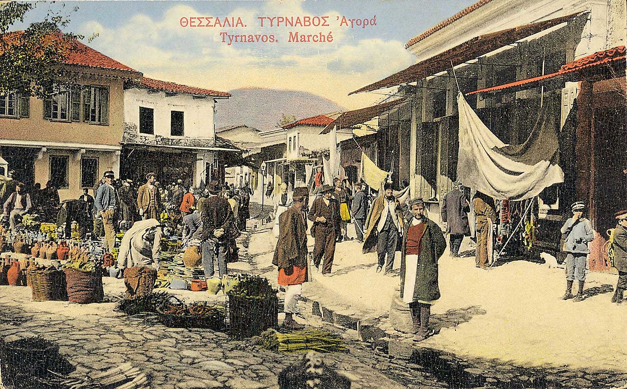 The market of Tyrnavos, Thessaly, Greece. Coloured postal card. No. 33 in the creator's numbering.