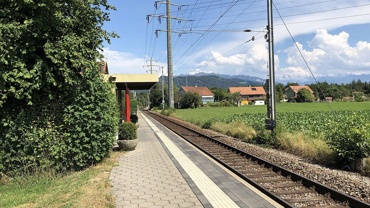 Uetendorf Allmend railway station in Uetendorf, Switzerland.