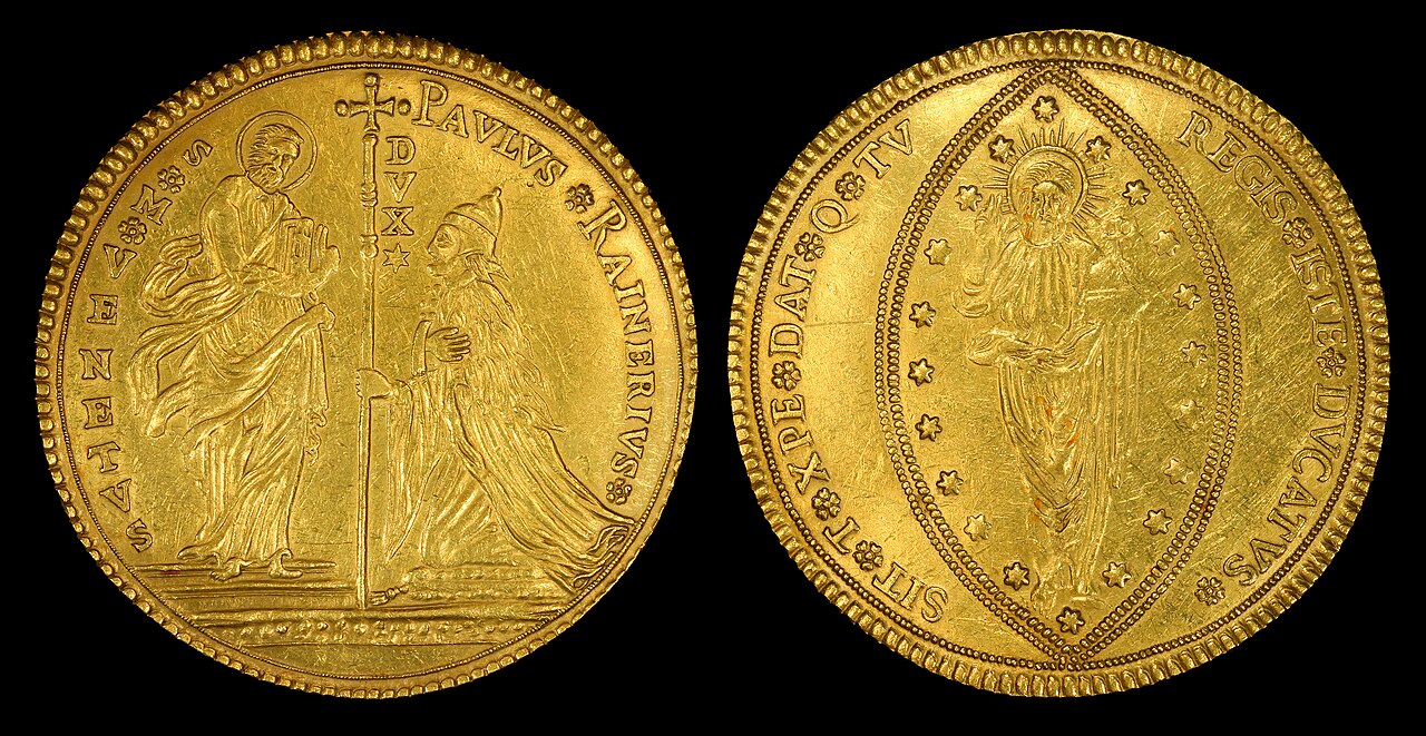 Italian States, Republic of Venice, 50 Sequin or Zecchini (c. 1779–89) struck during the reign of Paolo Renier, the penultimate Doge of Venice. The name was derived from the Zecca of Venice. It has a diameter of 76mm and weighs 192.5g