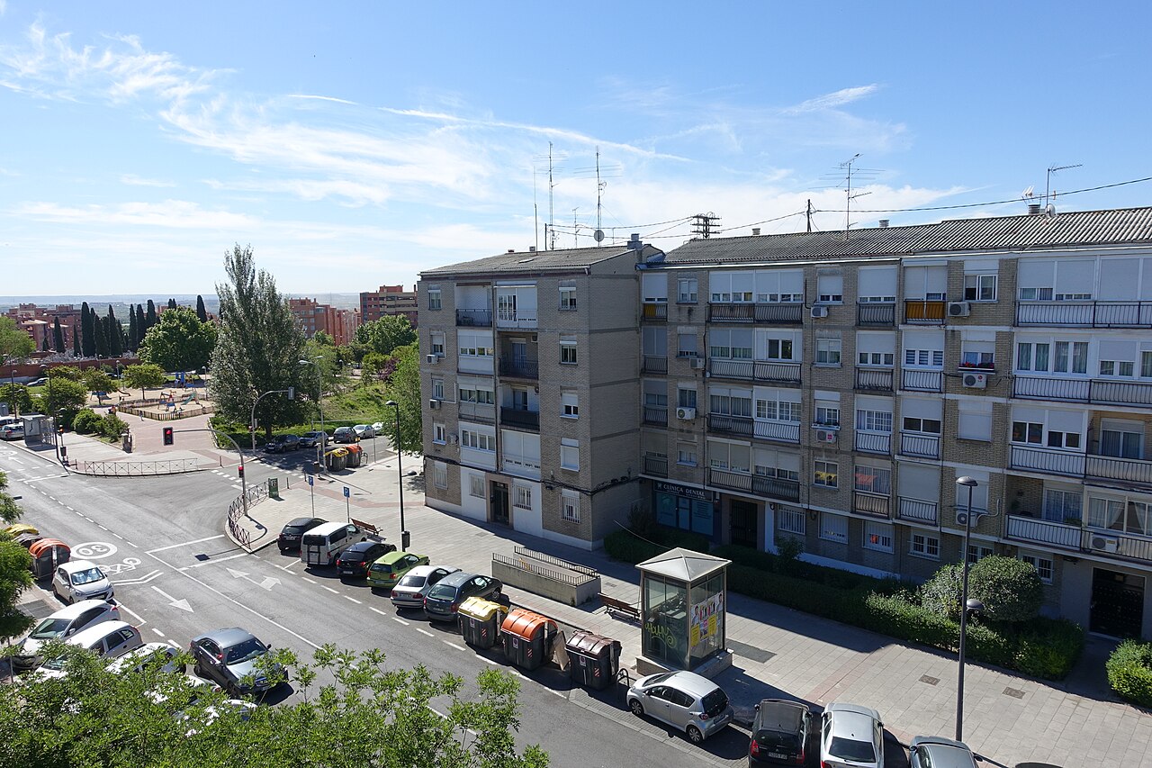 View of the main street through the Casco Histórico with elevator shaft to Metro San Cipriano.