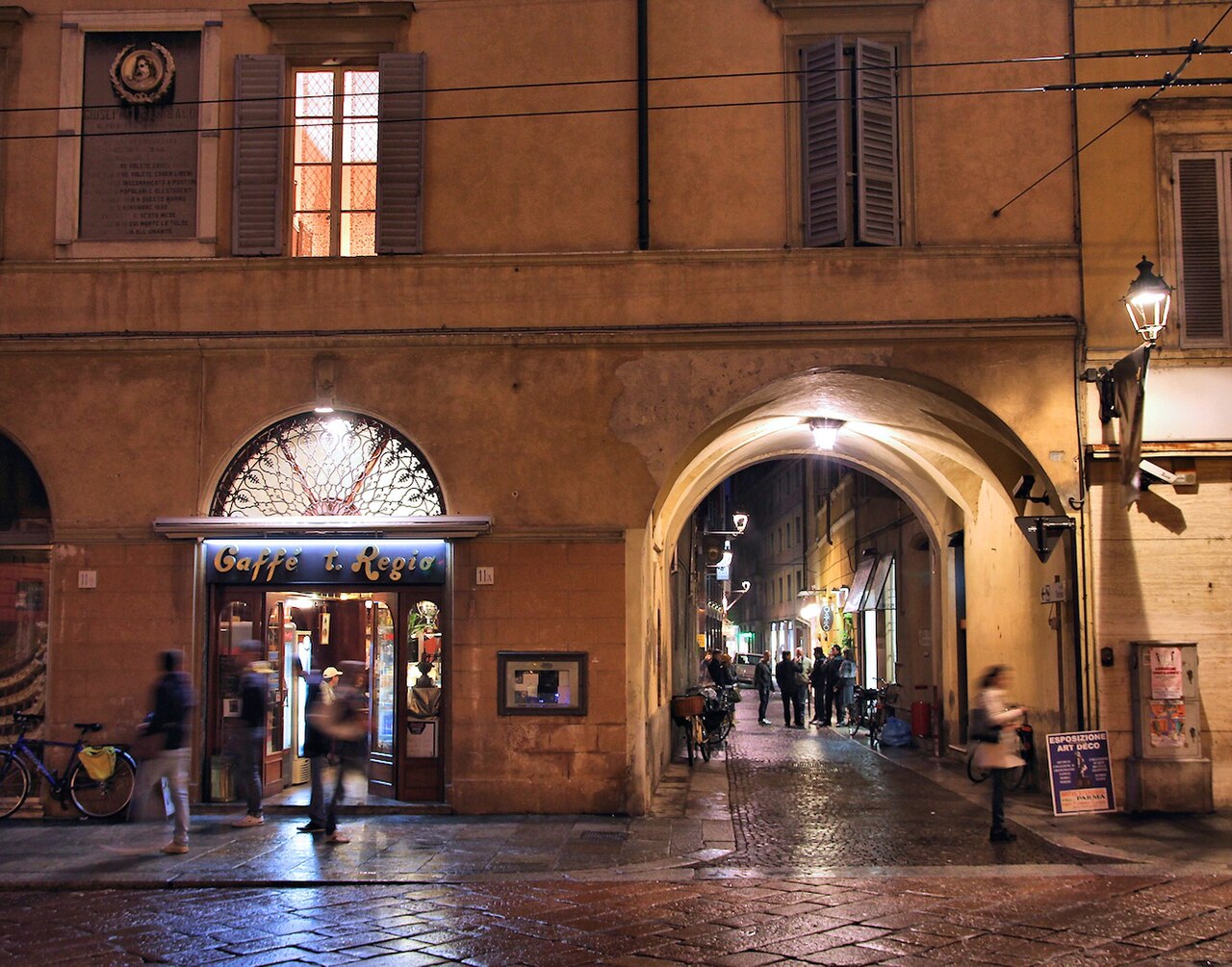Night view of Caffè Teatro Regio in Parma, Italy.