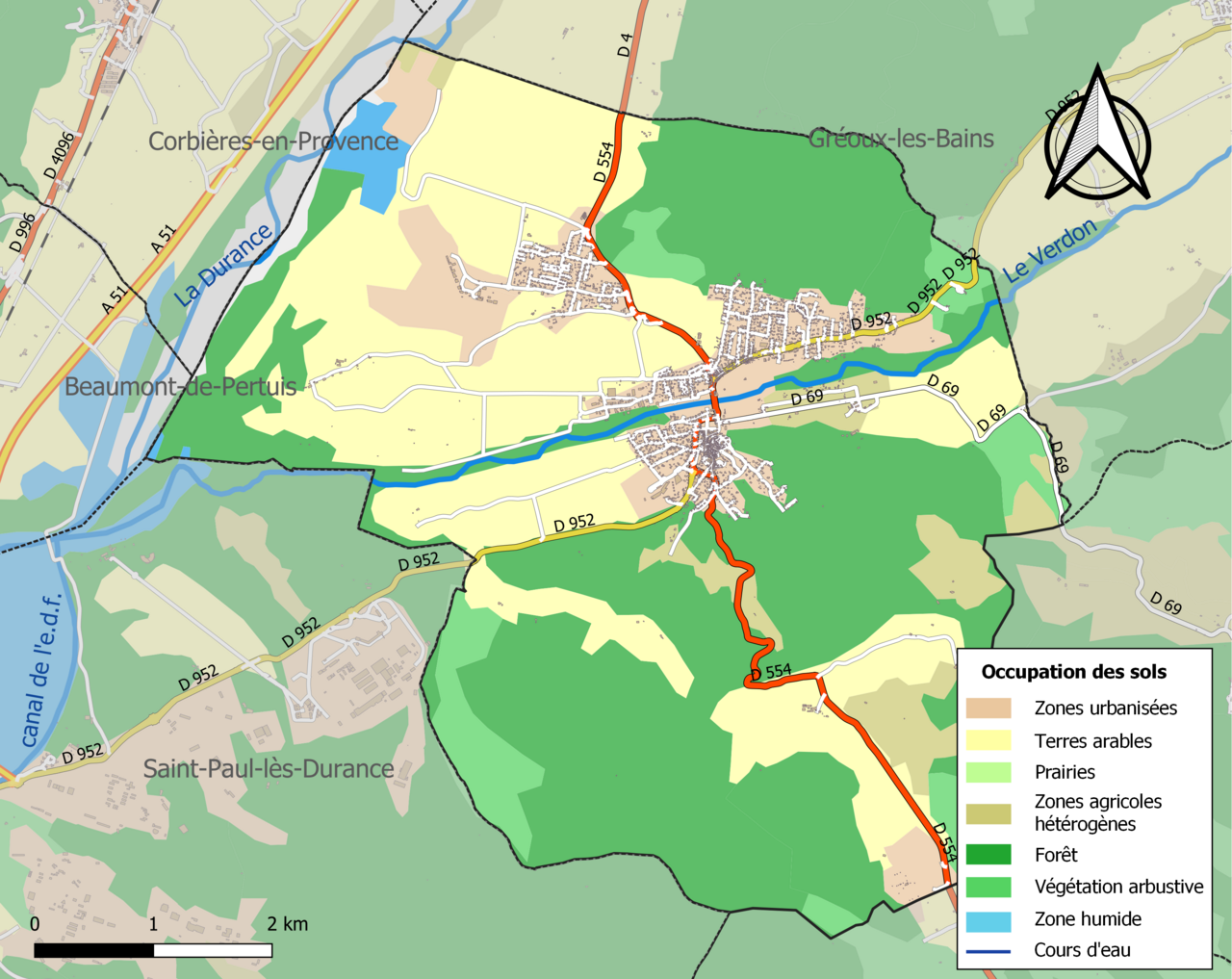 Carte des infrastructures et de l’occupation des sols en 2018 de la commune de fr:Vinon-sur-Verdon (France).