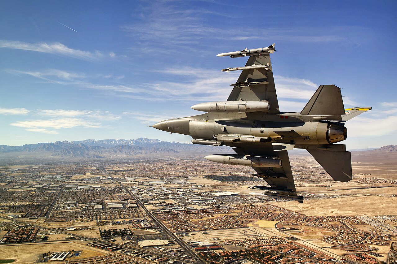 Air Force Capt. Brandon Lavalley breaks right on a final approach over northern Las Vegas during day three of Red Flag 12-2 on Nellis Air Force Base, Nev., Jan. 25, 2012. Lavalley is a pilot assigned to the 4th Fighter Squadron. Coalition partners from South Korea and Saudi Arabia participated in the joint training exercise.