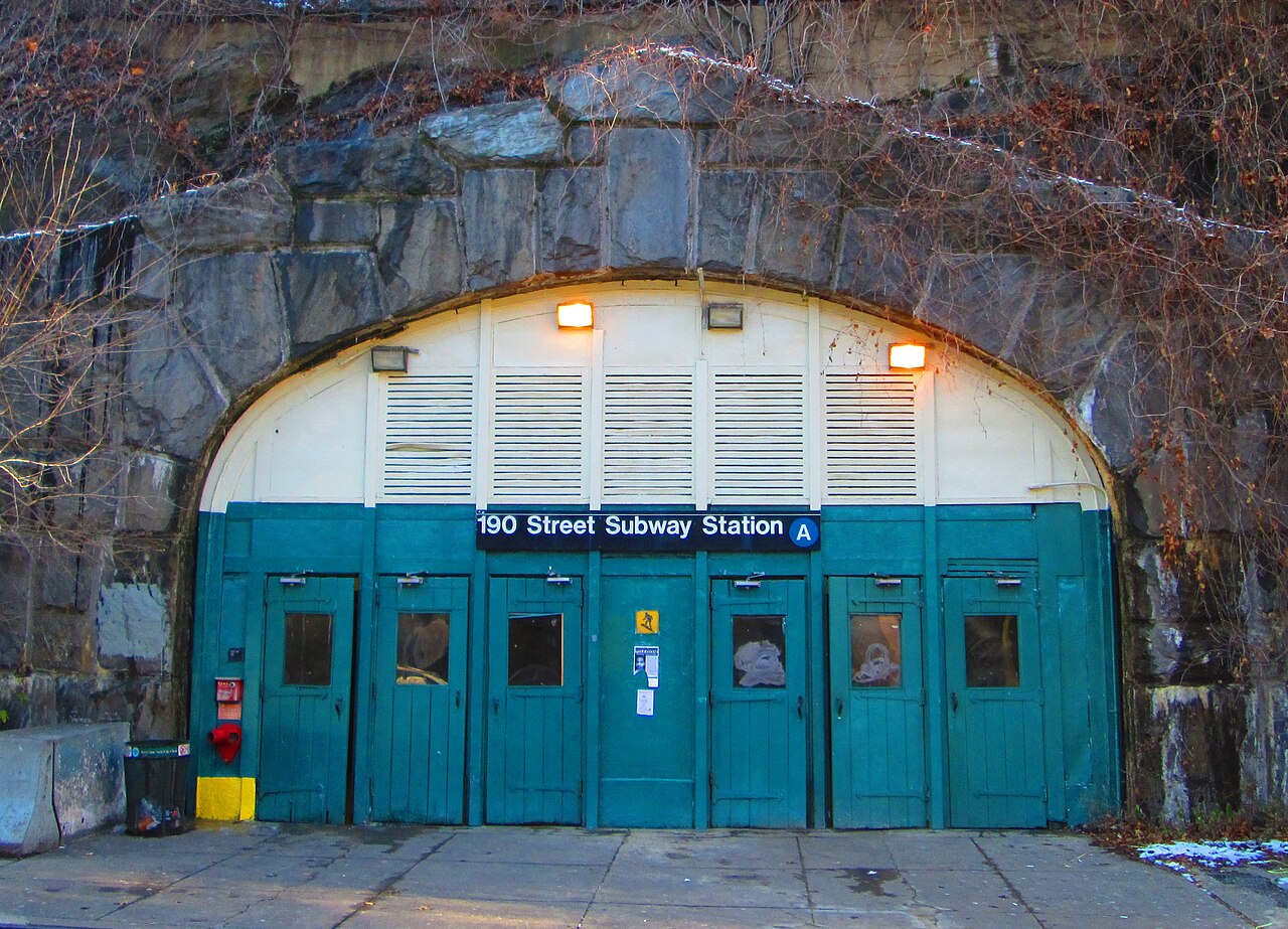 The 190th Street subway station on the IND Eighth Avenue Line, "A" service, is located on Fort Washington Avenue near Corbin Circle, the intersection with Cabrini Boulevard, in the Hudson Heights neighborhood of Manhattan,. New York City.  Built in 1928-32, it was designed in part by Squire J. Vickers.  Formerly called "190th Street-Overlook Terrace", the station has a tunnel leading to Bennett Avenue in Washington Heights, as well as stairs to Fort Washington Avenue. The station was listed on the NRHP in 2005