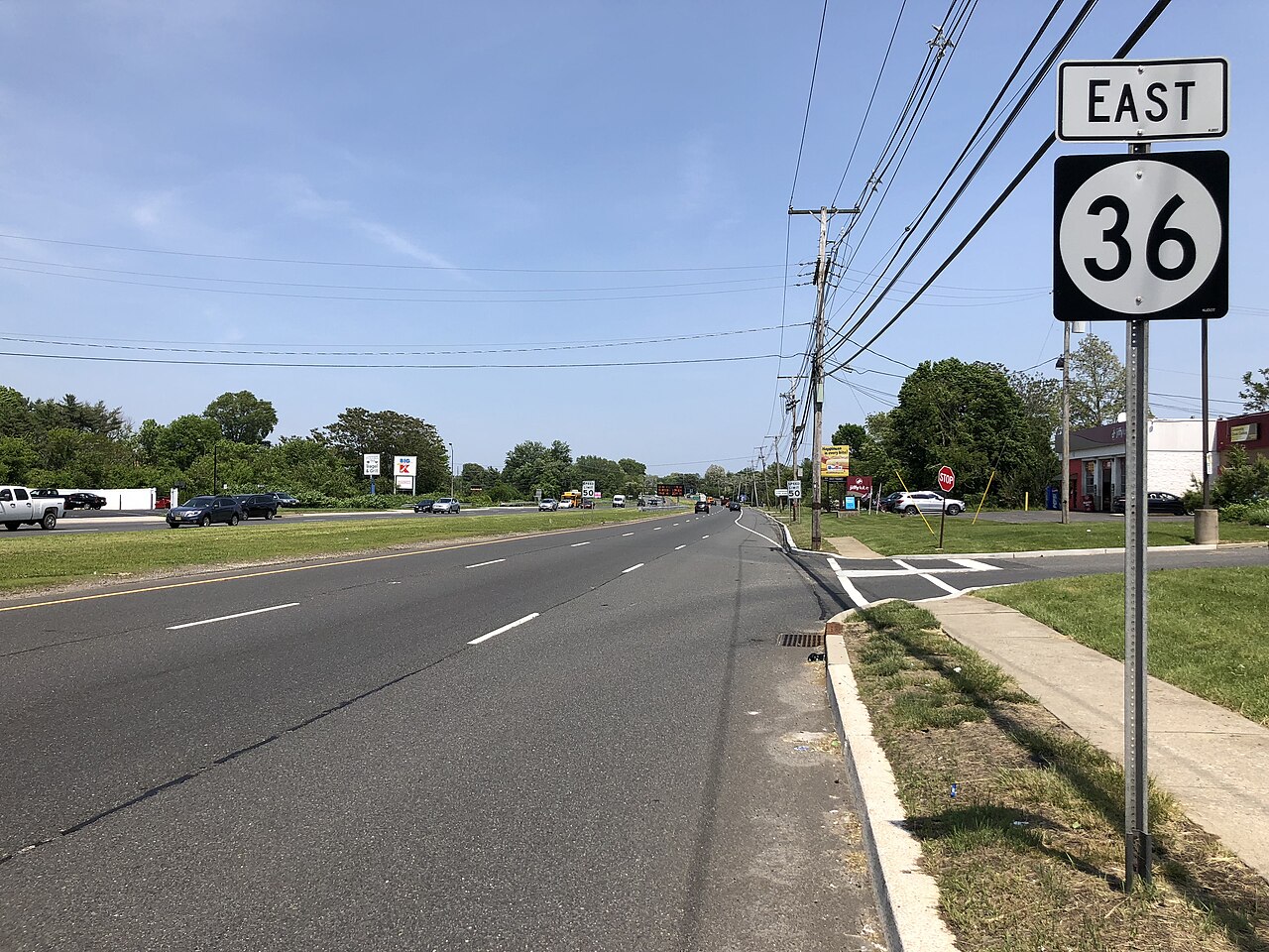 View east along New Jersey State Route 36 at New Jersey State Route 71 (Monmouth Road) in West Long Branch, Monmouth County, New Jersey