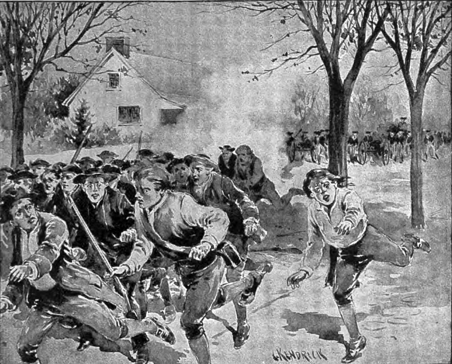 An early 20th century portrayal of Daniel Shays' forces fleeing from Federal troops after an attempt to lay siege to the Springfield Arsenal with only four killed and virtually no musket fire; they would regroup later in Amherst, Massachusetts