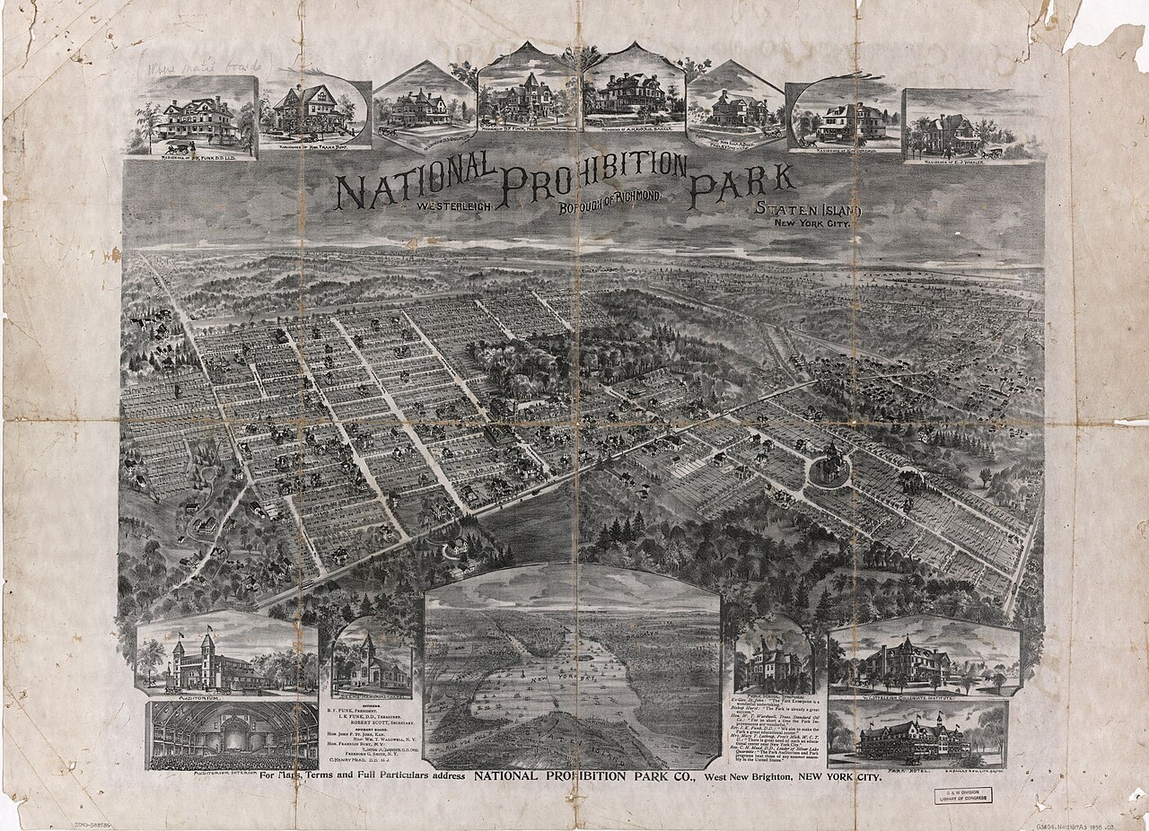 Aerial view to horizon. Existing buildings and residences shown pictorially. Relief shown by landform drawings. Contains cadastral map of National Prohibition Park residential subdivision showing new streets, trees, lot lines, and lot numbers. Oriented with north toward the upper right. Available also through the Library of Congress Web site as a raster image. LC copy imperfect: Use-worn, darkened, fold-lined, torn in margins and at fold lines, small sections of margin missing. Includes notes, location map (inset aerial view), directory of company officers' names, and ill. of principal buildings. PM3 Acquisitions control no.: 2006-151