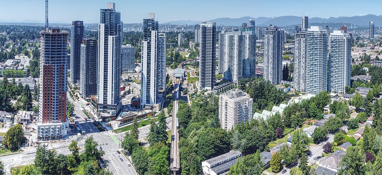 Aerial view looking northwest surrounding King George station in Surrey, British Columbia, Canada. Photo taken in July 2025.