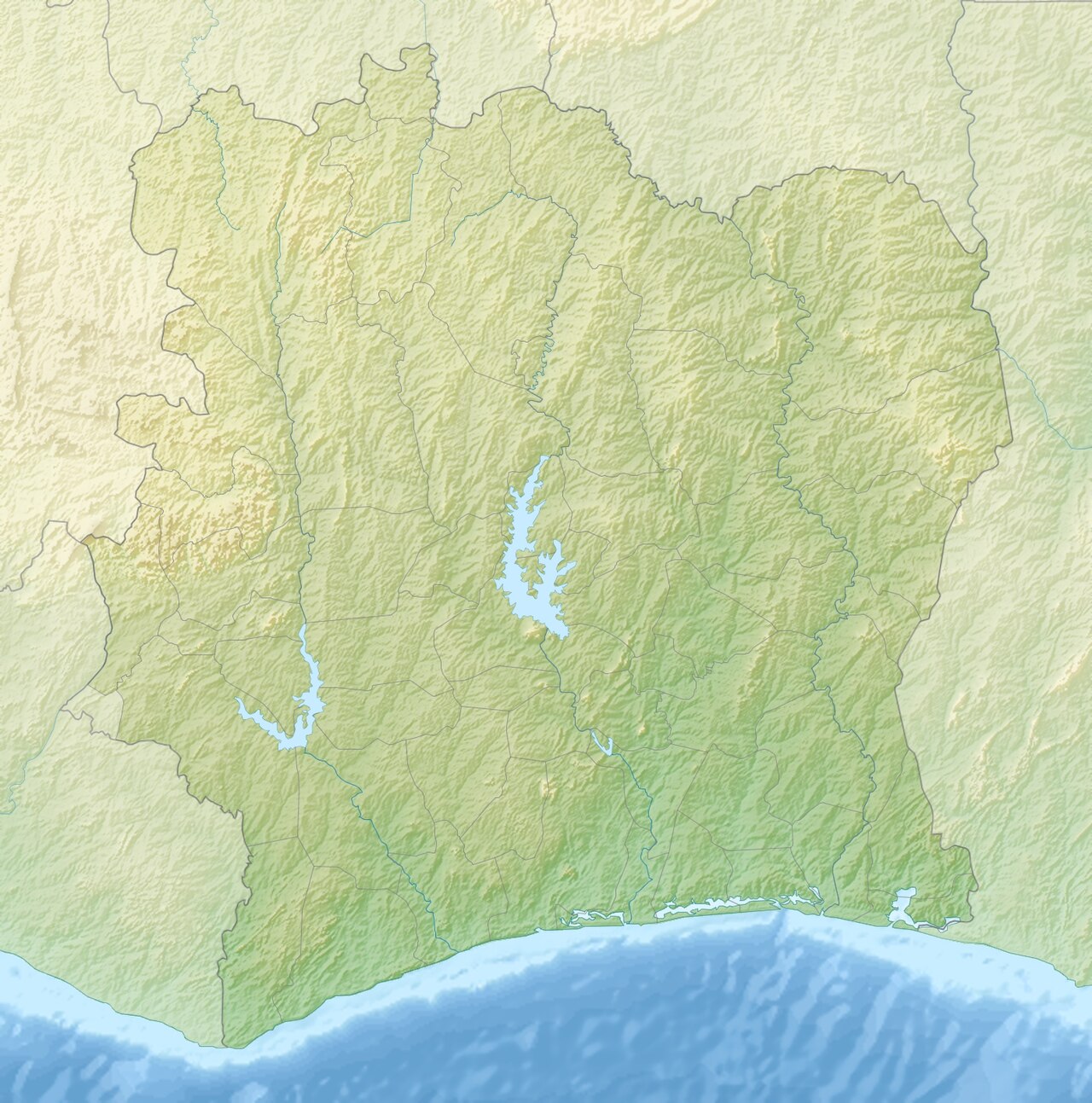 Relief location map of Côte_d'Ivoire.
Projection: Equirectangular projection, strechted by 101.0%.
Geographic limits of the map:
N: 11.0° N
S: 4.0° N
W: -9.0° E
E: -2.0° E
GMT projection: -JX23.706666666666667cd/23.94373333333333cd
GMT region: -R-9.0/4.0/-2.0/11.0r
GMT region for grdcut: -R-9.0/4.0/-2.0/11.0r
Relief: SRTM30plus.
Made with Natural Earth. Free vector and raster map data @ naturalearthdata.com.