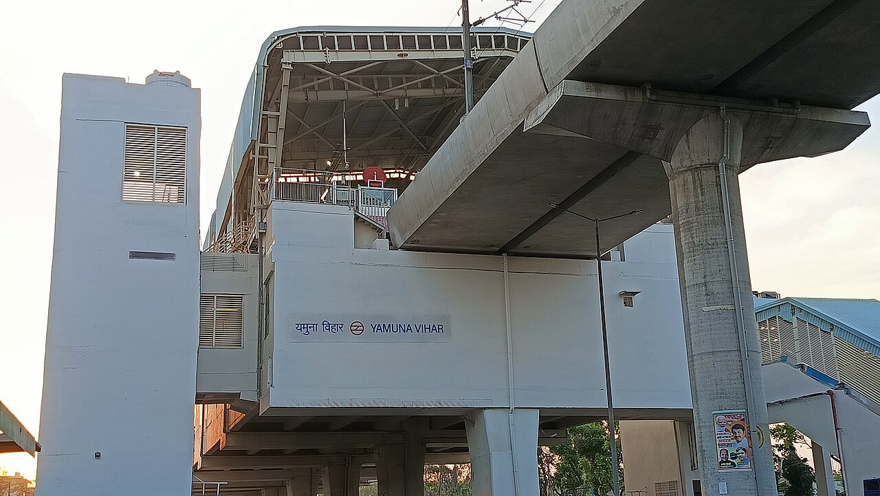 This is a picture of the Yamuna Vihar station of Delhi Metro's Pink Line. It is located on the Wazirabad road in North-East Delhi and was inaugurated on 8th March 2026 as part of the network's Phase 4.