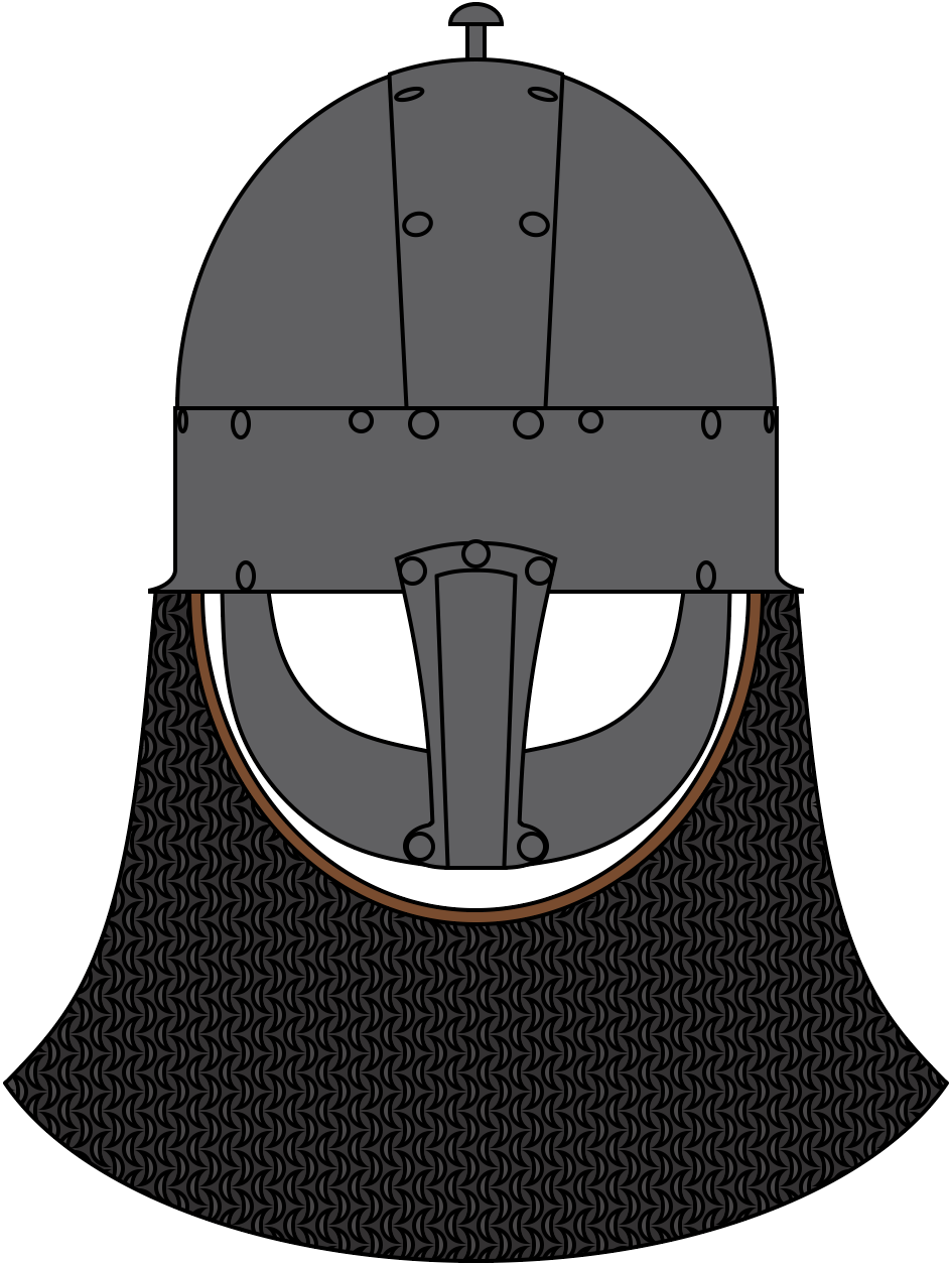 Illustration of the Yarm helmet, a Viking Age helmet found in Yarm, England. Reconstruction of hypothetical mail aventail in darker color.