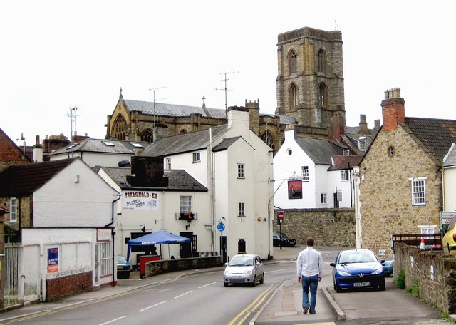 Market Street, Yeovil Looking back along Market Street towards St John's Church and the bottom of Silver Street. The Pall Tavern is on the left and the old cattle market runs  above on the right hand side out of sight.