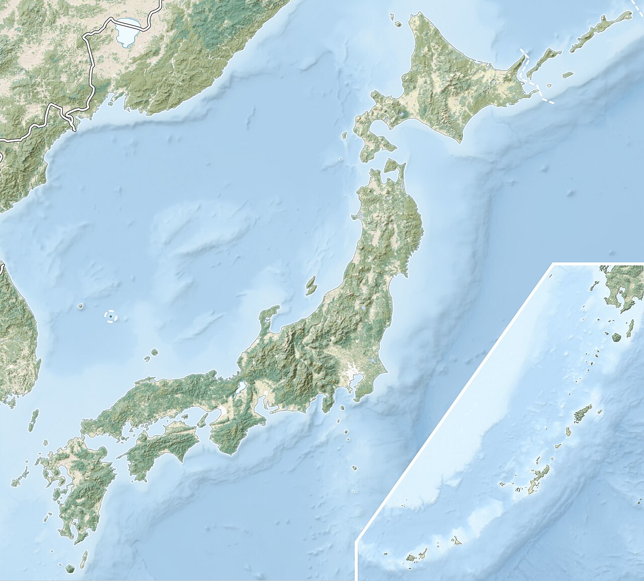 Natural Location map of Japan
Equirectangular projection.
Geographic limits to locate objects in the main map with the main islands:

N: 45°51'37" N (45.86°N)
S: 30°01'13" N (30.02°N)
W: 128°14'24" E (128.24°E)
E: 149°16'13" E (149.27°E)
Geographic limits to locate objects in the side map with the Ryukyu Islands:

N: 39°32'25" N (39.54°N)
S: 23°42'36" N (23.71°N)
W: 110°25'49" E (110.43°E)
E: 131°26'25" E (131.44°E)