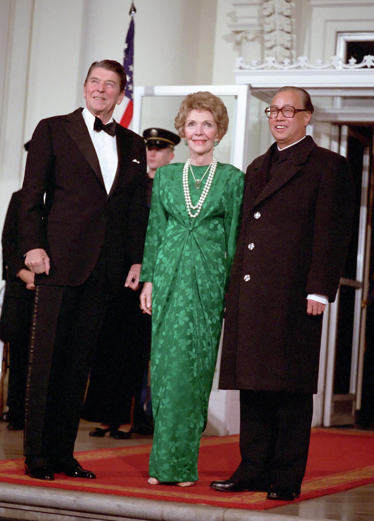 President Reagan and Nancy Reagan with Premier Zhao Ziyang of the Peoples Republic of China on North Portico before the State Dinner on North Portico. 1/10/84.