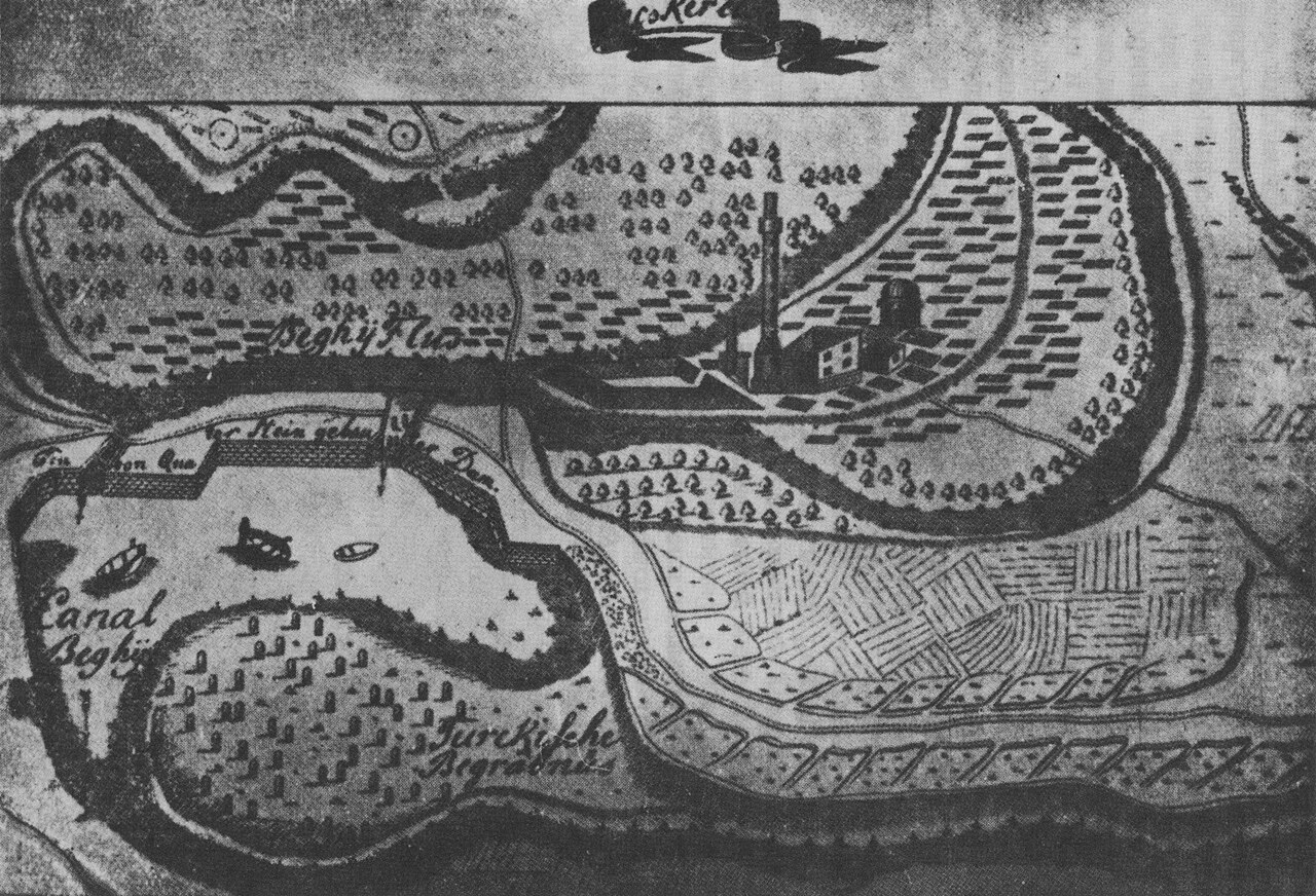 Ottoman city of Bečkerek (Zrenjanin) in 1697-98, including mosque with minaret that dominating the city.