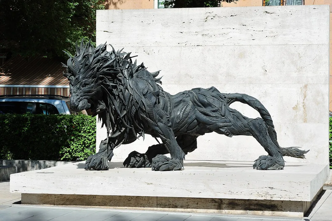 Sculpture of lion  by Korean artist Ji Yong-Ho made out of used tires.  Sculpture garden on Tamanyan street. Yerevan