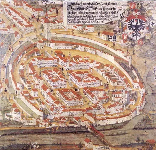 Historic view of the city of Aarau, as seen from north. Drawing from 1612 by Hans Ulrich Fisch.