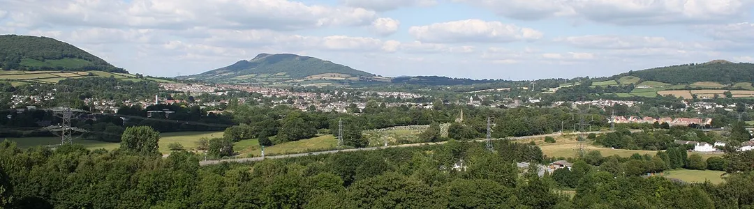 This is a view of the town of Abergavenny in Wales as taken from the canal that runs along the south of the town at the point where the canal bank was repaired in 2014.