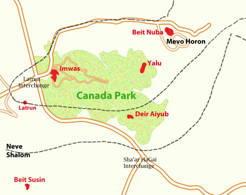 Canada Park, Israel/West Bank, showing former villages and armistice lines