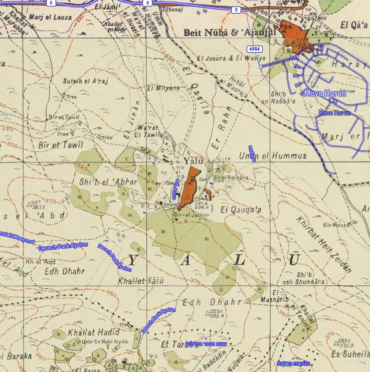 A 1940s map of Yalo from the Survey of Palestine overlaid with modern roads. This map is part of a series of historical maps used for comparison, showing the same area. Related files include: 




See also