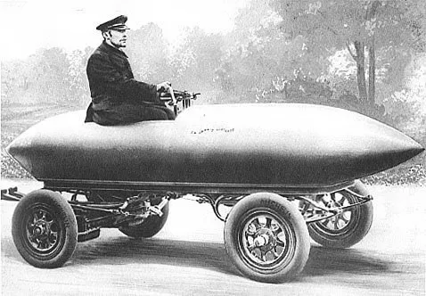 Illustration of "La Jamais Contente", first automobile to reach 100 km/h in 1899.