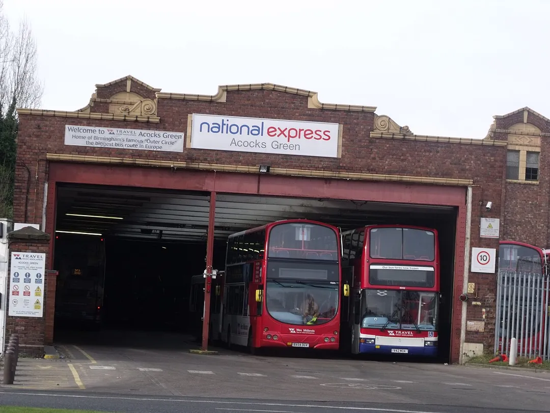 My local bus garage. Saw a possibly shot going on the bus towards Acocks Green, and took it walking back.
It is on Fox Hollies Road, directly ahead of Westley Road.
These are the two buses that made me think it would make an interesting shot.
Bus no.'s 4665 and 4042. The bus on the left is a no 11 bus (could be used on both 11A and 11C I would guess).
Taken from the other side of the road as I left Westley Road for Fox Hollies Road.
4665 is a Volvo B7TL / Wright Eclipse Gemini.

4042 is a Volvo B7TL / Plaxton President.