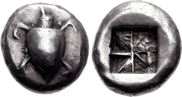 Aegina, 550-530/25 BC. Silver Stater (12.30 g). Proto sea turtle, shell with large pellets down center and no collar / “Union Jack” incuse pattern with eight segments in deep square.