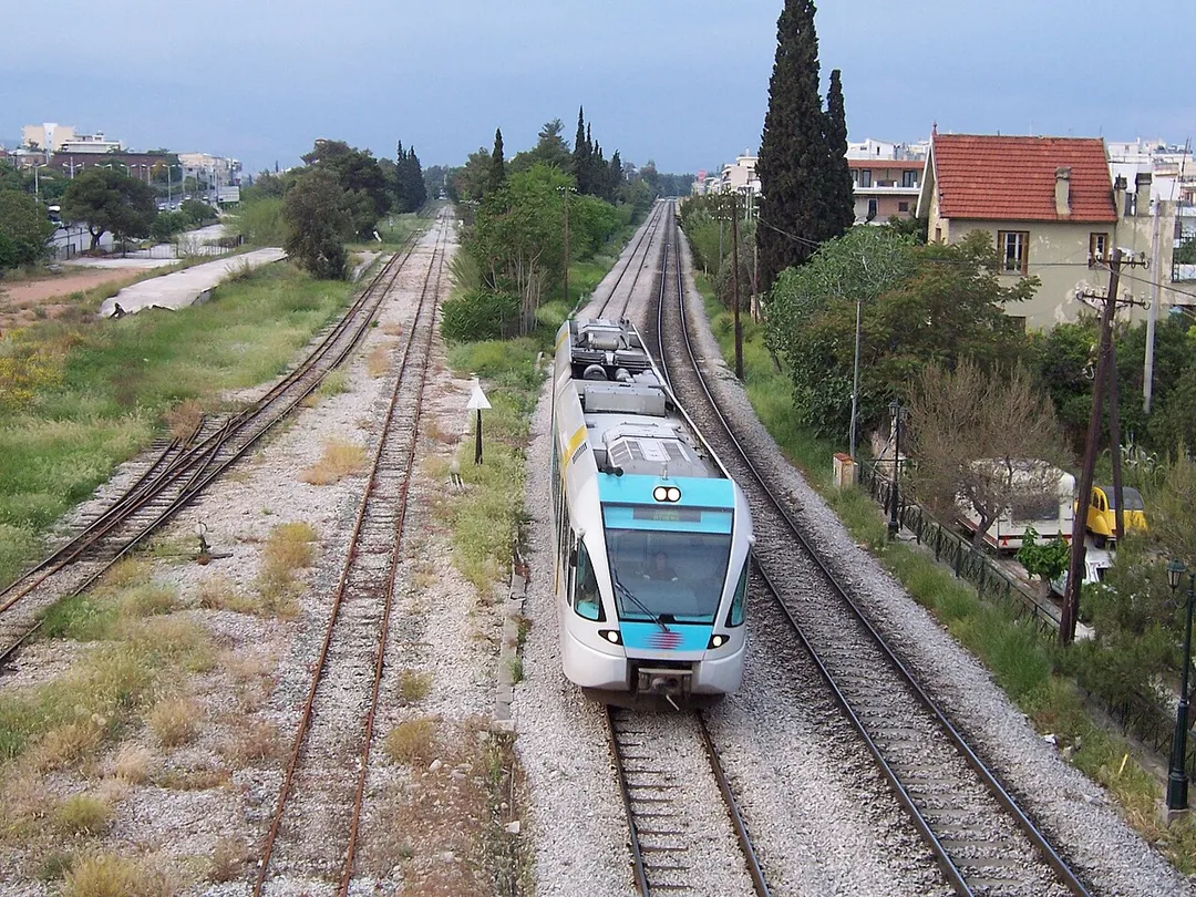 A Proastiakos train (Stadler Railbus) in Agioi Anargyroi coming from the airport to Athens