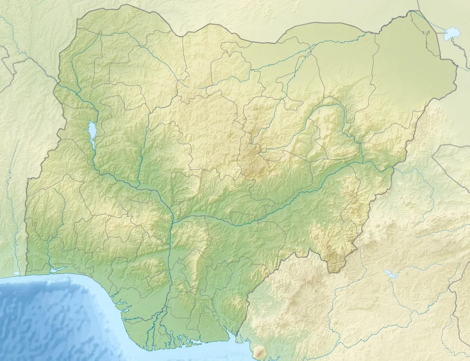 Relief location map of Nigeria.
Projection: Equirectangular projection, strechted by 100.0%.
Geographic limits of the map:
N: 14.0° N
S:  4.0° N
W:  2.0° E
E: 15.0° E
GMT projection: -JX16.154400000000003cd/12.42646153846154cd
GMT region: -R2.0/4.0/15.0/14.0r
GMT region for grdcut: -R2.0/4.0/15.0/14.0r
Relief: SRTM30plus.
Made with Natural Earth. Free vector and raster map data @ naturalearthdata.com.