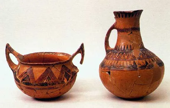 Vessels with matt-painted decoration from the 14th century BC, image from the Archaeological Museum, Aiani, West Macedonia, Greece