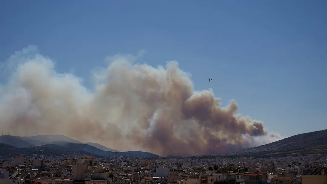 The wildfire at Aigaleo in Attica, Greece on July 31st 2026 at around 16:30 as seen from Ilion