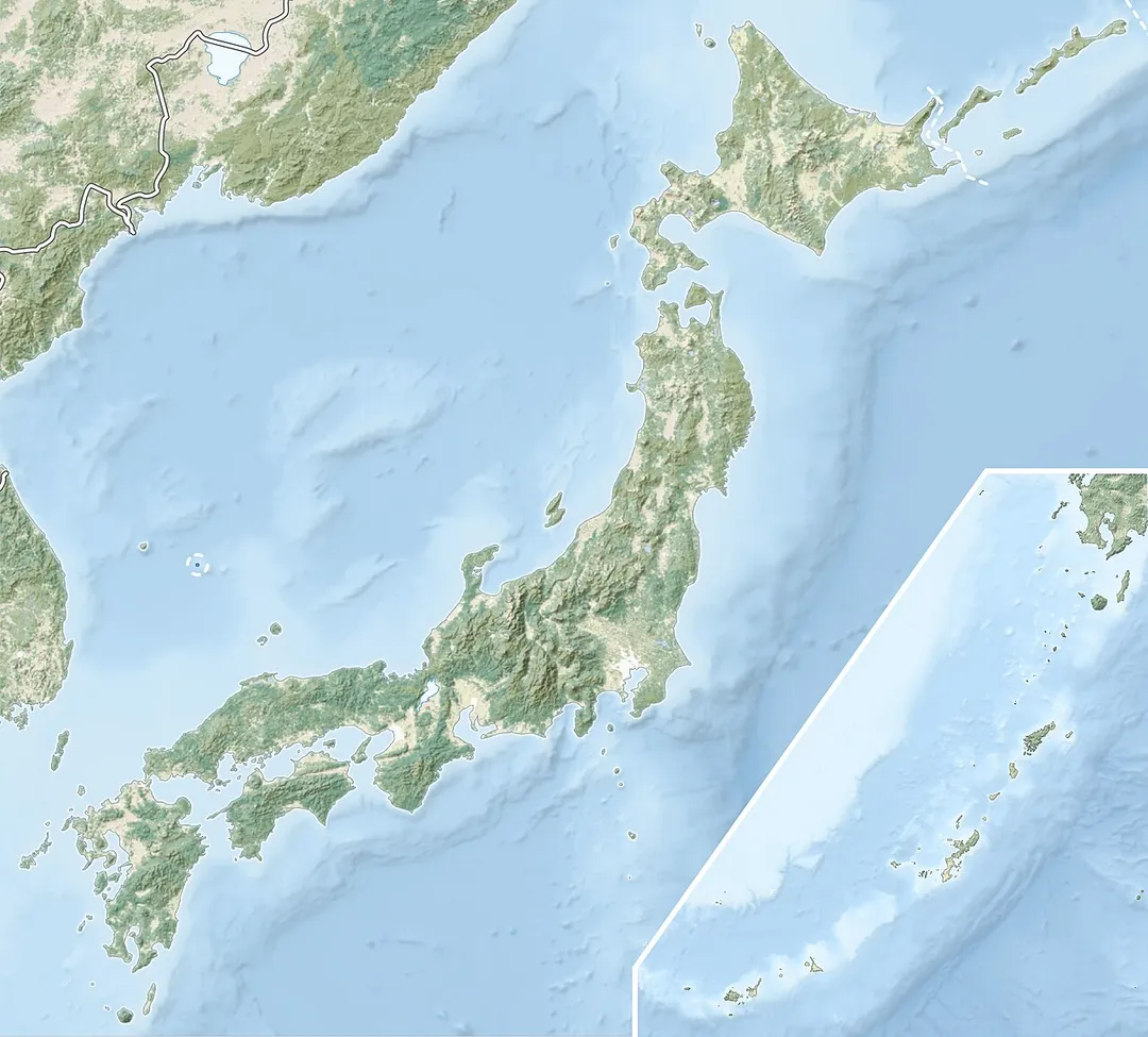 Natural Location map of Japan
Equirectangular projection.
Geographic limits to locate objects in the main map with the main islands:

N: 45°51'37" N (45.86°N)
S: 30°01'13" N (30.02°N)
W: 128°14'24" E (128.24°E)
E: 149°16'13" E (149.27°E)
Geographic limits to locate objects in the side map with the Ryukyu Islands:

N: 39°32'25" N (39.54°N)
S: 23°42'36" N (23.71°N)
W: 110°25'49" E (110.43°E)
E: 131°26'25" E (131.44°E)