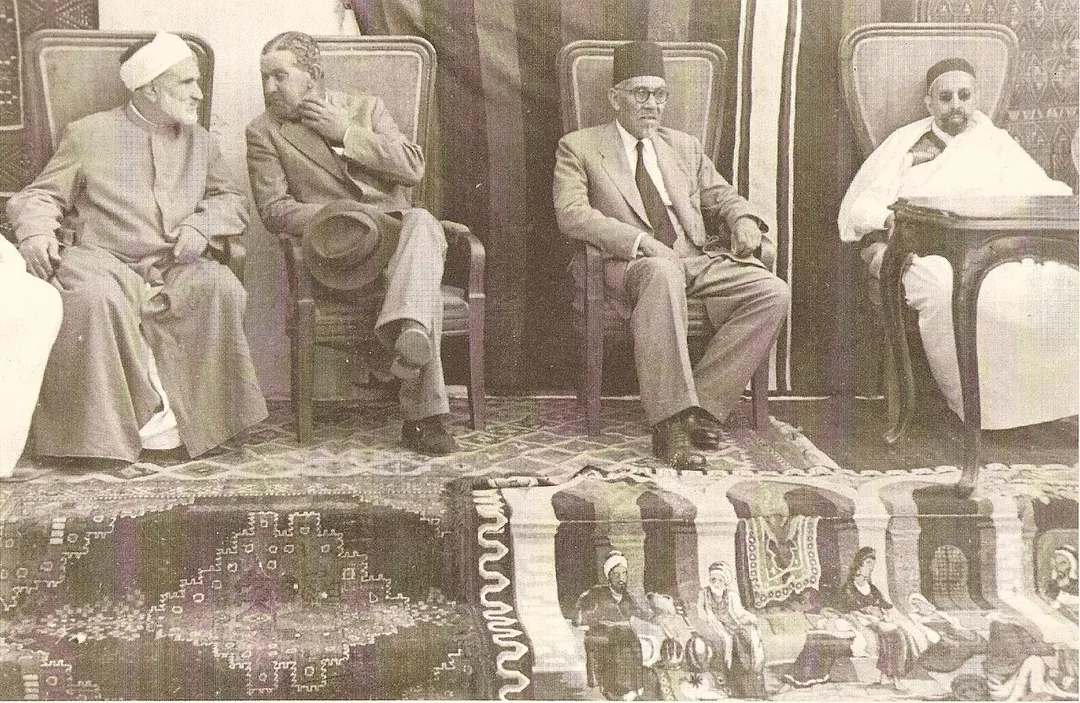 From left to right: 1. Sheik Mohammed Abu al As'ad Al Alem, Mufti of Tripoli; 2. British governor of Homs; 3. Bashir es Saadawi, president of Mu'tamar party; 4. Emir Idris es Senussi of Cyrenaica.