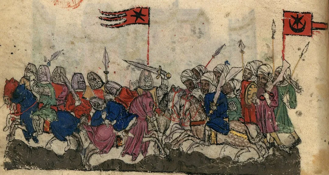 Illustration of the Battle of Yarmouk (636) at the bottom of the page of BNF Nouvelle acquisition française 886 fol. 9v (early 14th century).
The Saracens are shown with a star and crescent banner, the Byzantines (anachronistically in Crusader era armour) with a star banner. Note that the banner designs are not attributed to factions with any consistency by this illustrator: The star and crescent is also shown as carried by the Mongols in foll. 22r, 32v, 34r, 35v). For a later (mid 14th-century) copy with more developed heraldry, see Vienna ÖNB Cod. 2623[1] fol. 15r.
Hayton's (Faulcon's) text reads: 

Lors manda l'empereour Eracles grant secors de genz pour defendre la cité d'Antioche. Qant les genz de l'empereour Eracles furent parvenuz jusques à une plainure qui est nomée Possent (var.: Posserit), les Sarazins vindrent à l'encontre; e là fu comencée molt grant bataille que longuement dura; mès, à la fin, les Sarazins en orent la victoire, e tant gent furent ocis en cele bataille que encores y perent les ossements des seignors en celui champ. Dont il avint que les Grex, qui tenoient la cité d'Antioche, furent molt espoentés, e rendirent la terre as Sarazins par convenances. (La Flor des Estories de la Terre d'Orient II.1, ed. Dardel 1906, p. 137.)