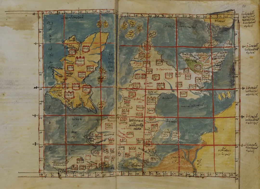 A Greek-language map of Hibernia (Ireland) and Albion (Great Britain) derived from Ptolemy's Geography, probably in the early 14th century at Constantinople (Istanbul), held by the Vatopedi Monastery on Mount Athos prior to its purchase by the British Museum.
The map reflects Ptolemy's mistaken placement of Scotland at a right angle to the rest of Britain, apparently derived from his reliance on seafarer's logs.