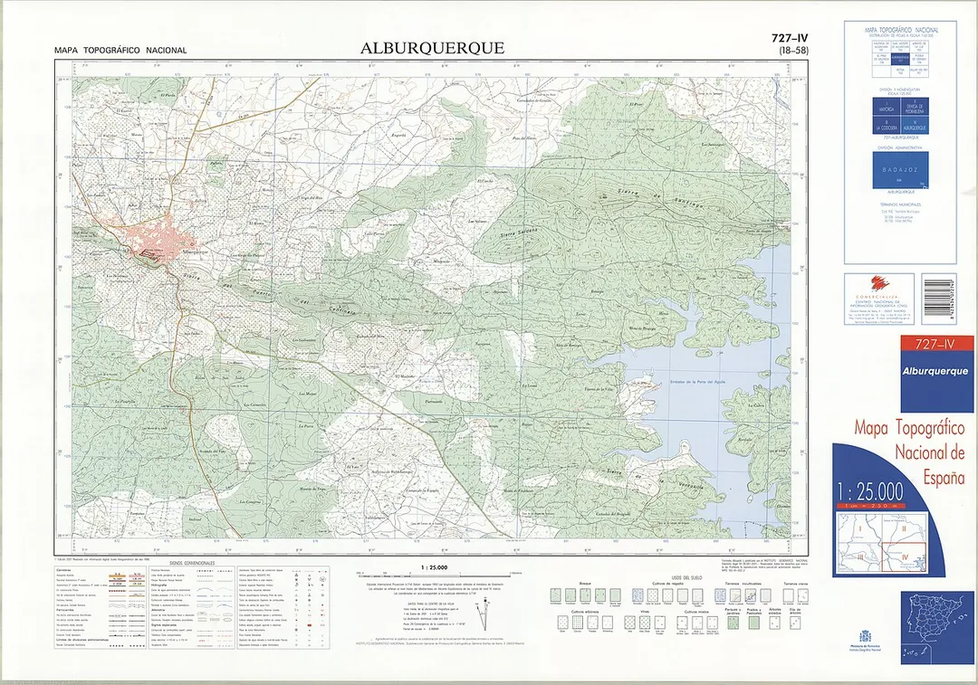 Fragment 0727c4 of the National Topographic Map of Spain in 2001 at a scale of 1:25000 printed and scanned with a resolution of 250 ppi. It shows Alburquerque.