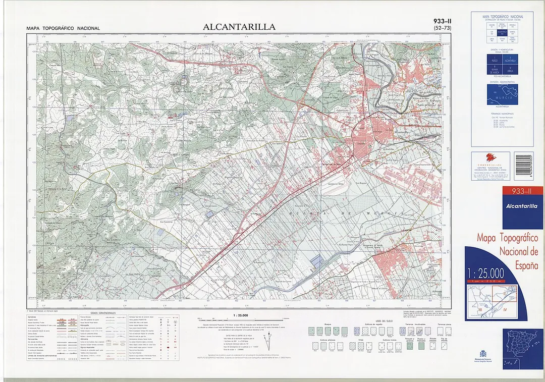 Fragment 0933c2 of the National Topographic Map of Spain in 2001 at a scale of 1:25000 printed and scanned with a resolution of 250 ppi. It shows Alcantarilla.