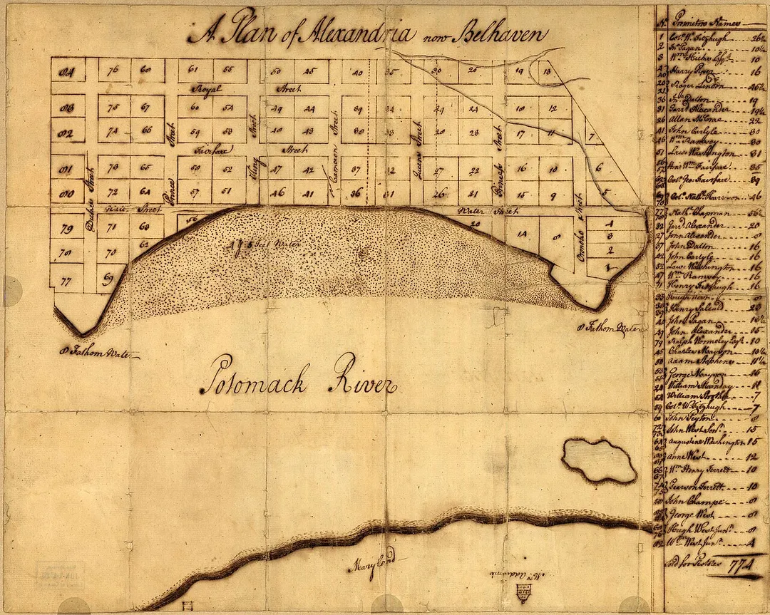 Oriented with north to the right. Pen-and-ink. Cadastral map showing lots and lot nos. Includes indexed list of "Proprietors names." Available also through the Library of Congress Web site as a raster image.