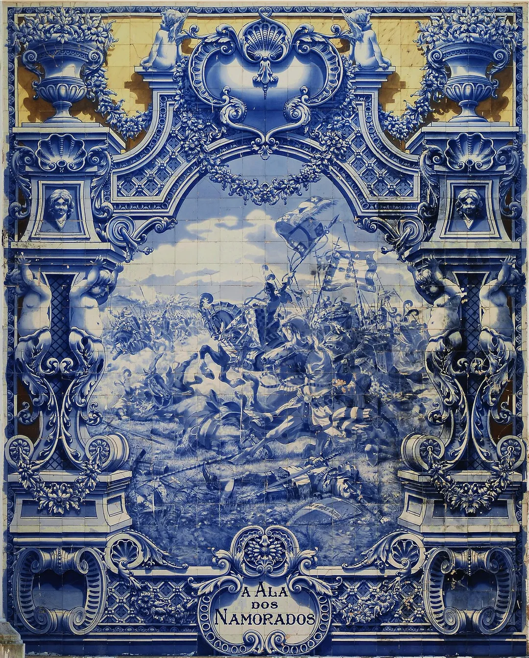 Panel of glazed tiles from Jorge Colaço (1922) representing an episode of the battle of Aljubarrota (1385) between the Portuguese and Castillian armies. Lisboa, Pavilhão Carlos Lopes.