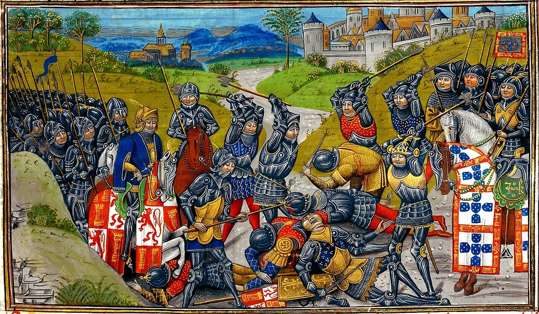 The Battle of Aljubarrota (Castile vs Portugal, 1385). (British Library, Royal 14 E IV  f. 204 recto)