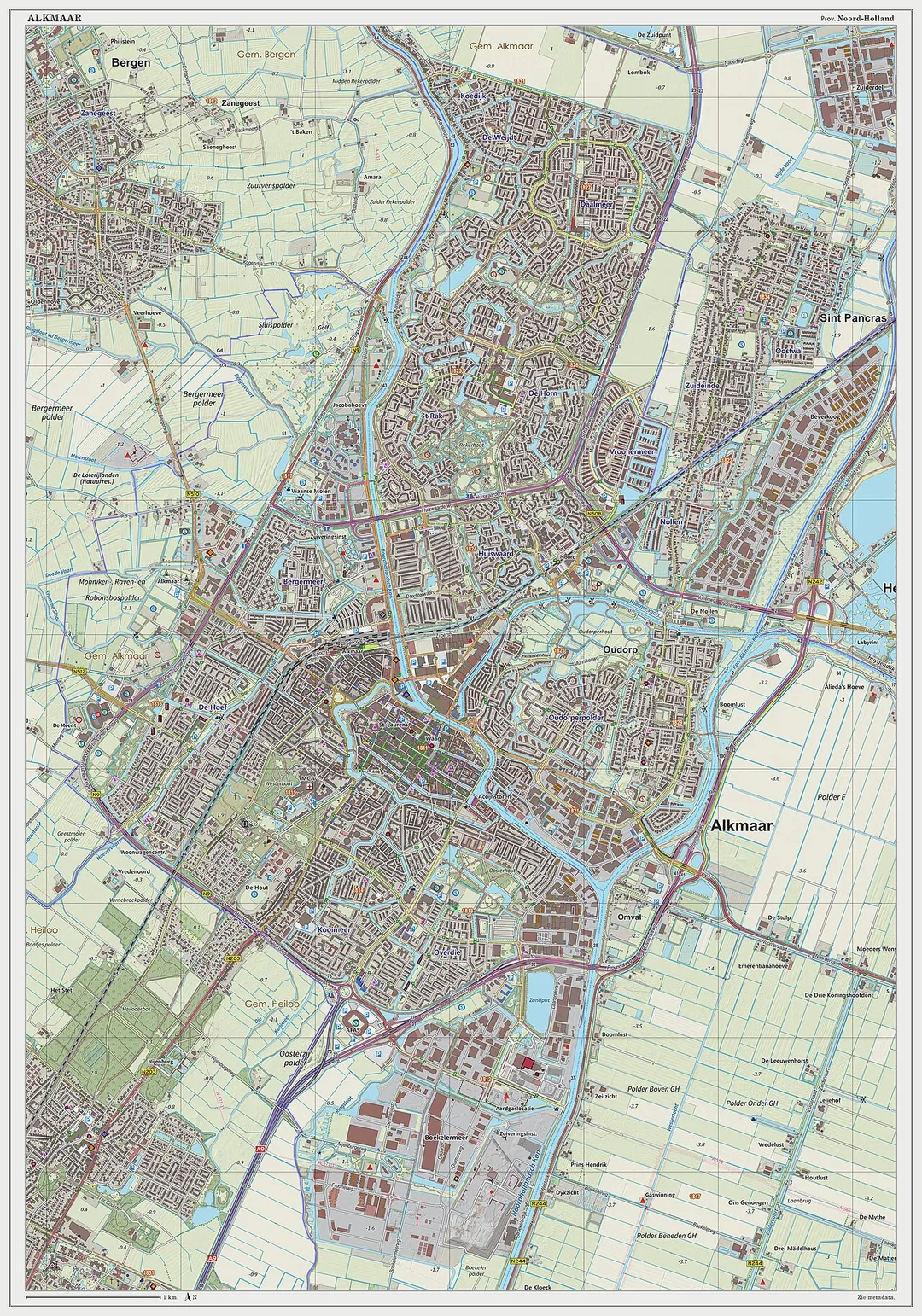 Topografische kaart van Alkmaar (woonplaats). Resolutie: 300 pixels/km.
Kaartbeeld samengesteld uit de open geodata van de Top10NL en Top25namen (Basisregistratie Topografie, Kadaster), Creative Commons BY licentie. Gebouwvlakken uit open geodata BAG extract. Wegen uit de OpenStreetMap, OpenStreetMap community. Schaduwreliëf uit de Actuele Hoogtekaart AHN2.

Samenstelling en kleurenschema: Jan-Willem van Aalst, met QGIS2. Zie ook de Legenda.