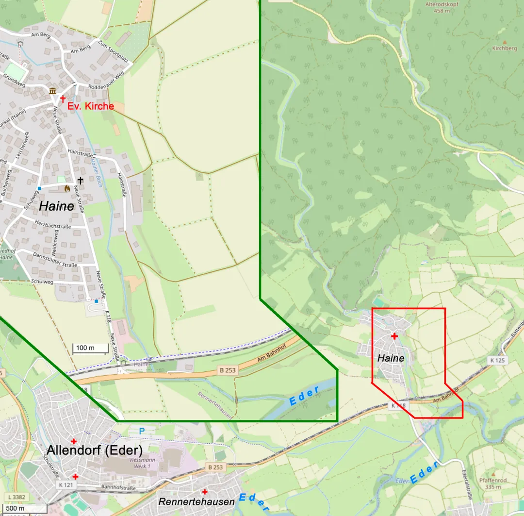 Lage der evangelischen Kirche in Haine, Ortsteil von Allendorf an der Eder, Landkreis Waldeck-Frankenberg