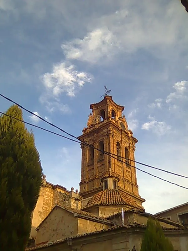 Tower of church of La Asuncion in Almansa (Spain) from Aragon street.