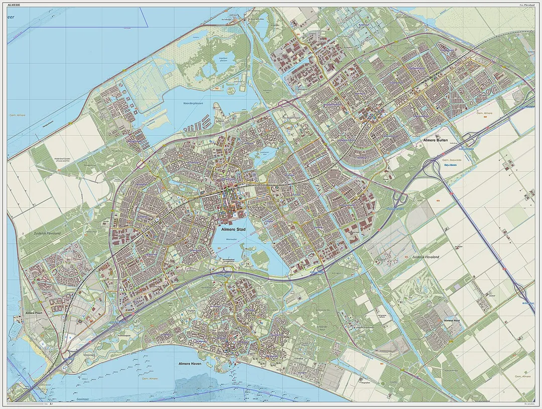 Topografische kaart van Almere (woonplaats). Resolutie: 300 pixels/km.
Kaartbeeld samengesteld uit de open geodata van de Top10NL en Top25namen (Basisregistratie Topografie, Kadaster), Creative Commons BY licentie. Gebouwvlakken uit open geodata BAG extract. Wegen uit de OpenStreetMap, OpenStreetMap community. Reliëfschaduw uit de Actuele Hoogtekaart AHN2.

Samenstelling en kleurenschema: Jan-Willem van Aalst, met QGIS2. Zie ook de Legenda.