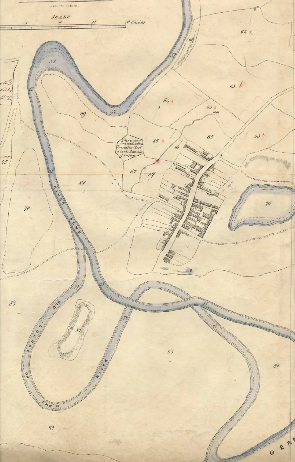 Tithe map of Alnmouth, Northumberland, 1843, showing in particular the changed course of the River Aln after a storm in 1806 knocked out an oxbow meander.