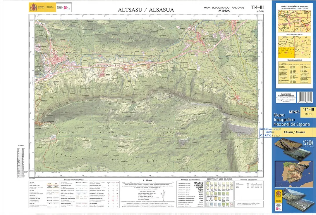 Fragment 0114c3 of the National Topographic Map of Spain in 2014 at a scale of 1:25000 printed and scanned with a resolution of 250 ppi. It shows Altsasu Alsasua.